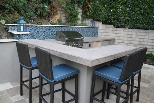 © Scott Cohen Decorative Concrete BBQ Beverage Center Stainless    Steel Grill Embeds tile backsplash Sink bar seating 1